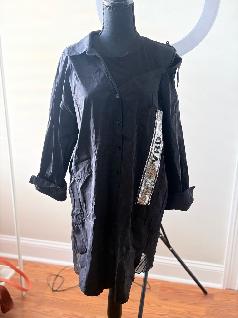 Black Women's Long Button-Down Shirt with Sequin Trim